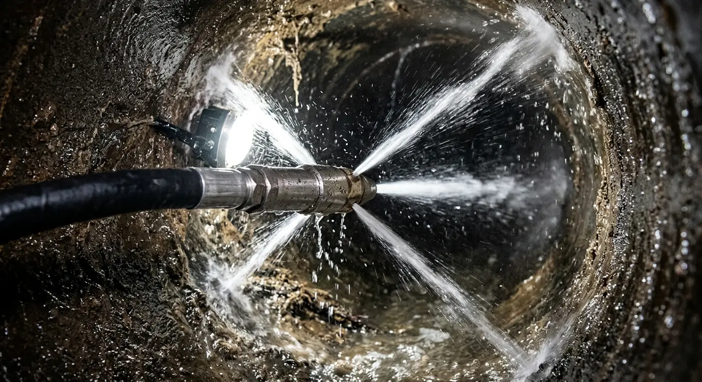 High-pressure hydro jetting nozzle cleaning sewer pipe for Trenchless Sewer Repair in Princeton